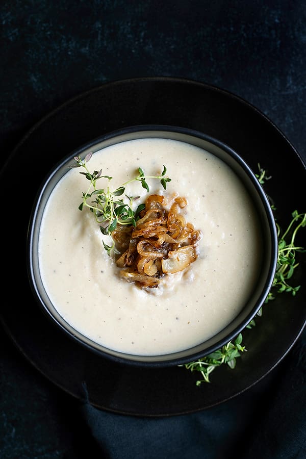 Creamy soup with caramelized onions and thyme.