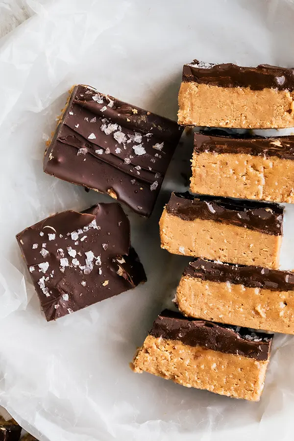 Chocolate peanut butter bars with salt.